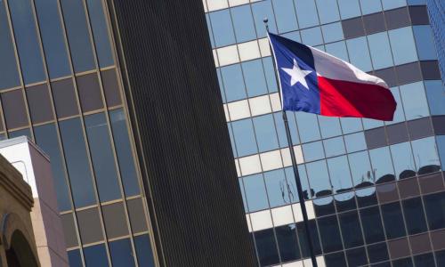 View of downtown building with Texas flag