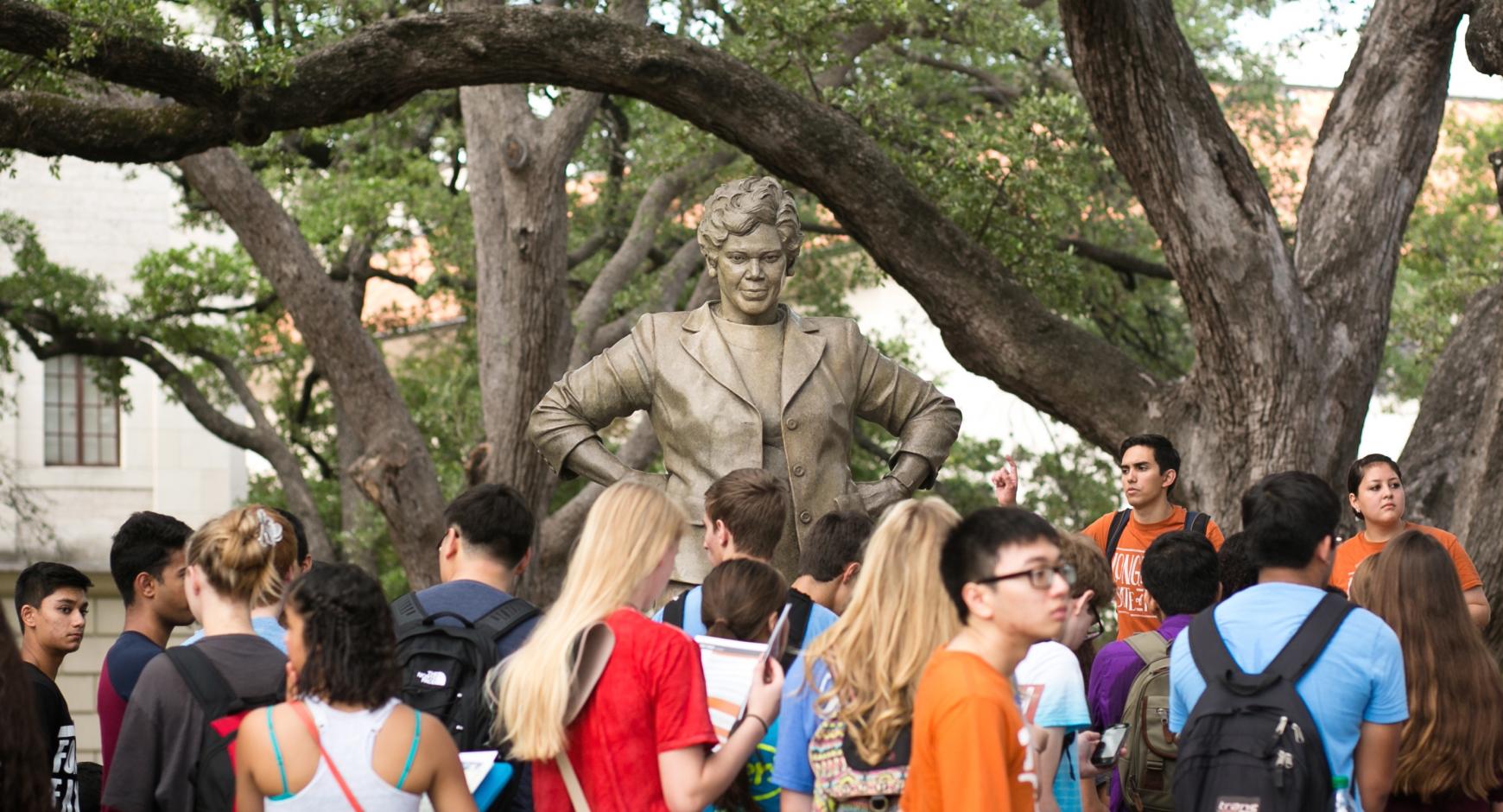 Students in front of status of civil rights champion Barbara Jordan