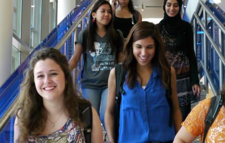 Group of communications students inside Belo Center.