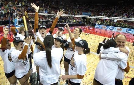 Texas volleyball team celebrates winning the NCAA championship in 2012.